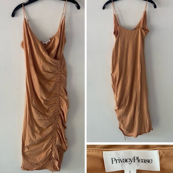 Privacy Please Tan Brown Adjustable Spaghetti Ruched Midi Dress 37479 - Picture 1 of 12